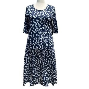 Made With Love‎ Womens Midi Dress L Navy Blue Floral 3/4 Sleeve Cottagecore